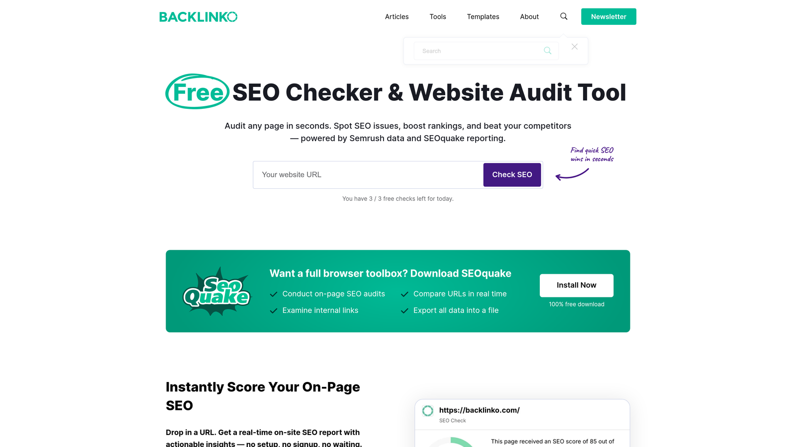 Screenshot of SEOquake website