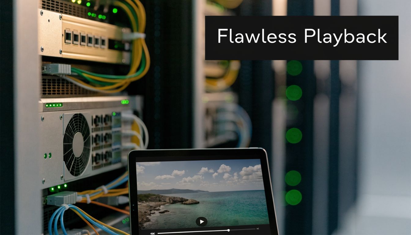 A digital tablet displaying a scenic landscape video placed in front of server racks in a data center.