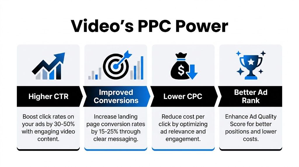 An infographic showing four key benefits of using video in PPC advertising campaigns for better performance.