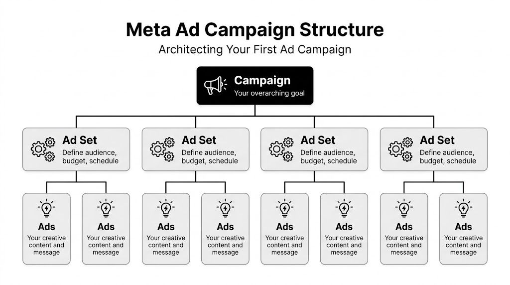 A diagram illustrating the hierarchical structure of a Meta ad campaign, including campaigns, ad sets, and individual ads.