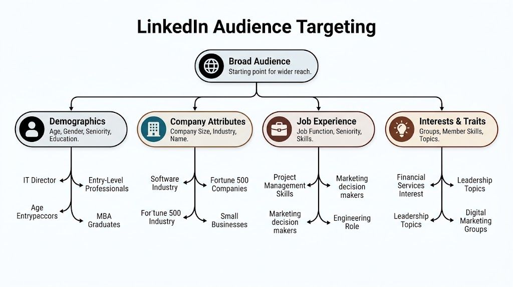 A diagram illustrating LinkedIn audience targeting options including demographics, company attributes, job experience, and interests.