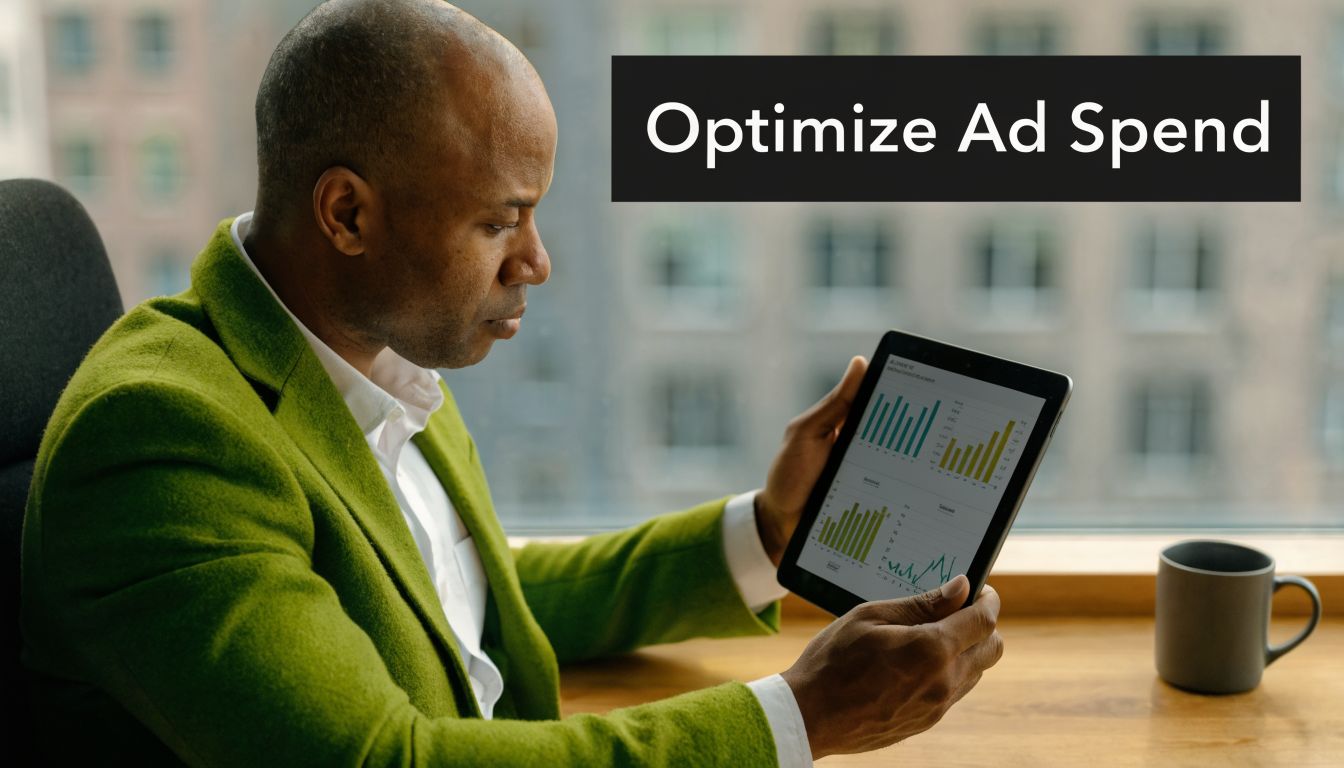 A professional man in a green jacket analyzing business data charts on a digital tablet.