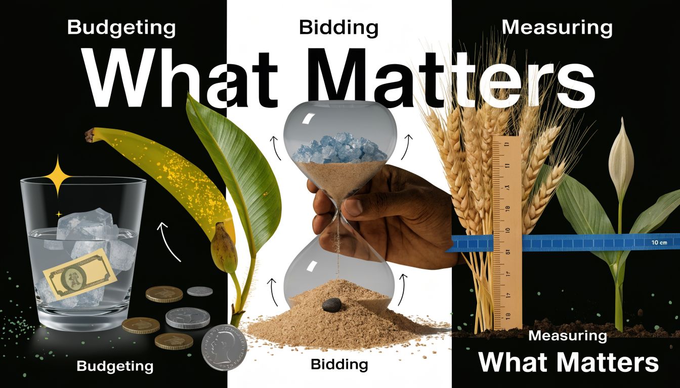 A conceptual graphic illustrating business themes of budgeting, bidding, and measuring with creative everyday object metaphors.