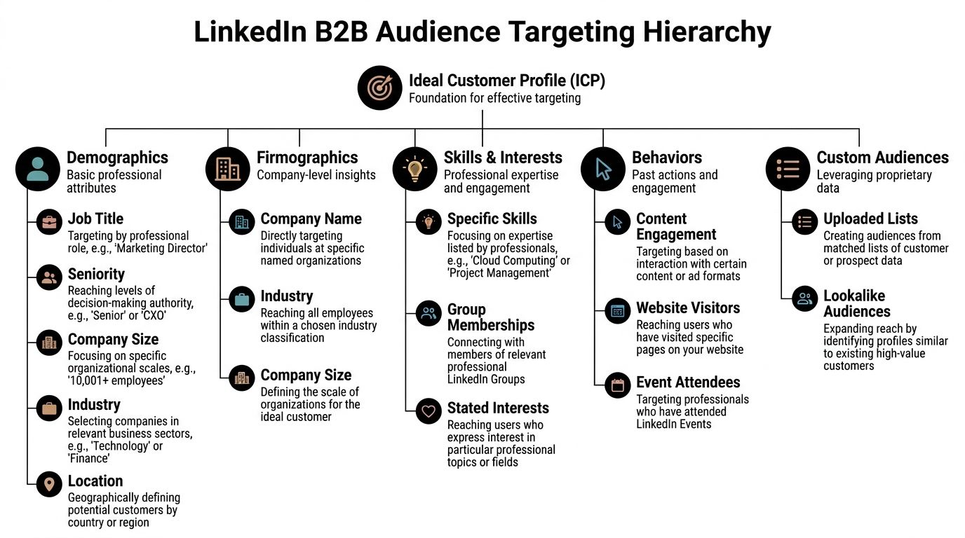 A hierarchical flowchart illustrating various LinkedIn B2B audience targeting strategies and categories for ideal customer profiling.