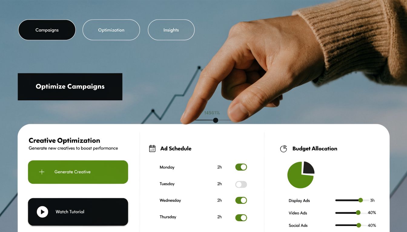 A digital marketing dashboard showing tools for creative optimization, ad scheduling, and budget allocation for business campaigns.