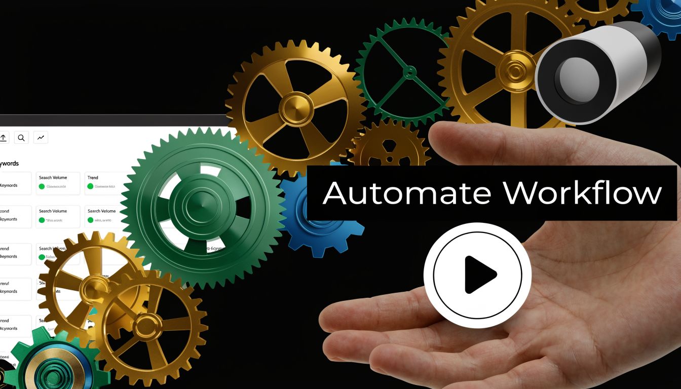 A hand interacting with a 3D gear graphic representing automation concepts alongside a keyword analytics software interface.