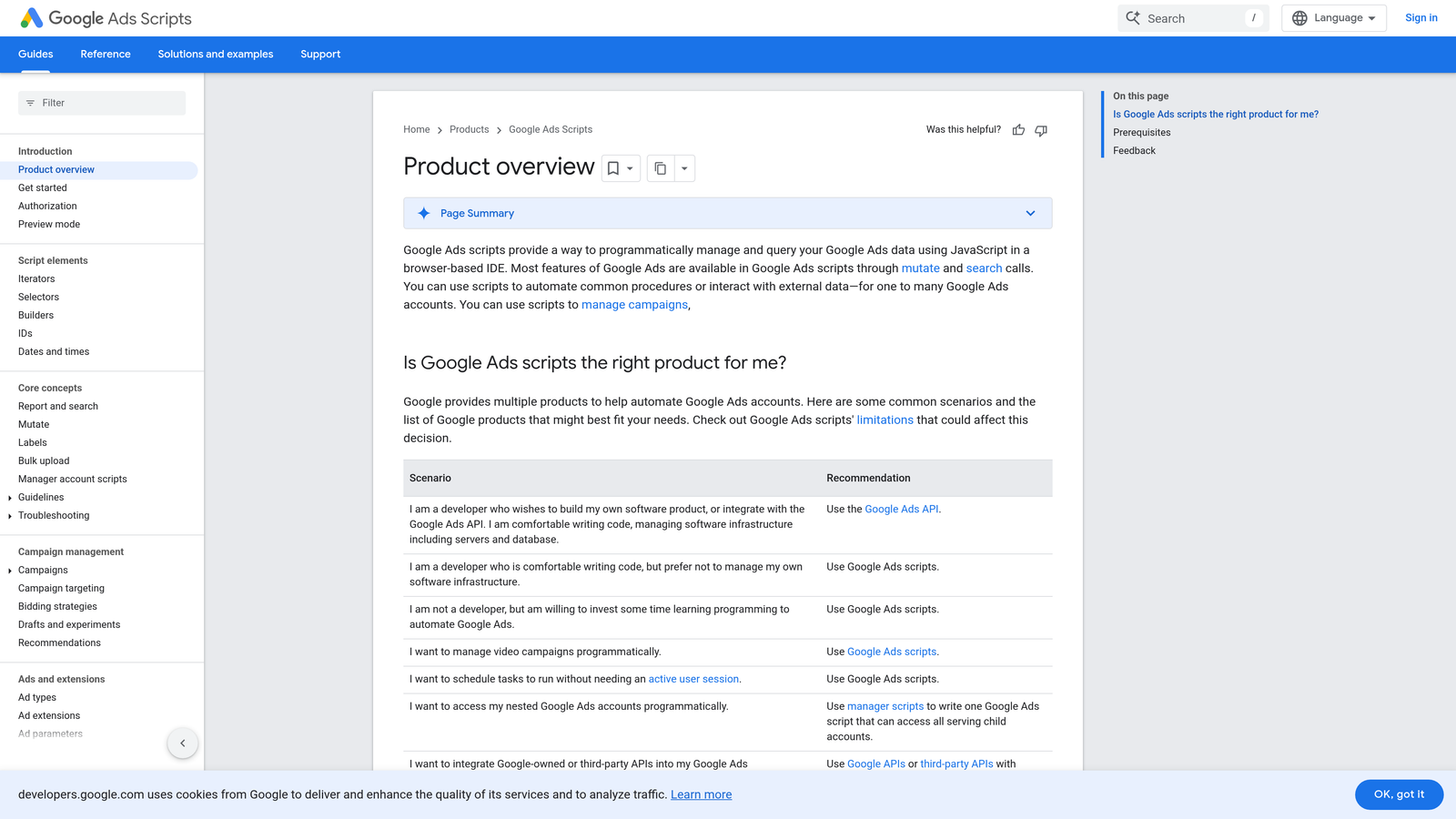Screenshot of Google Ads Scripts website