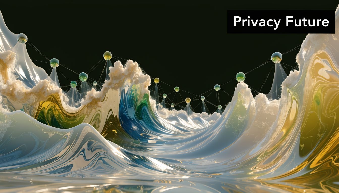 A digital abstract representation of a data network floating over flowing ocean waves, labeled Privacy Future.