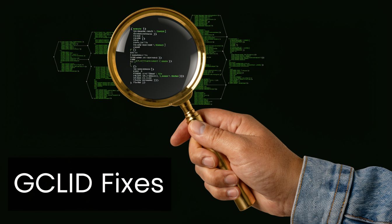 A hand holding a magnifying glass over digital code with the text GCLID Fixes displayed below.