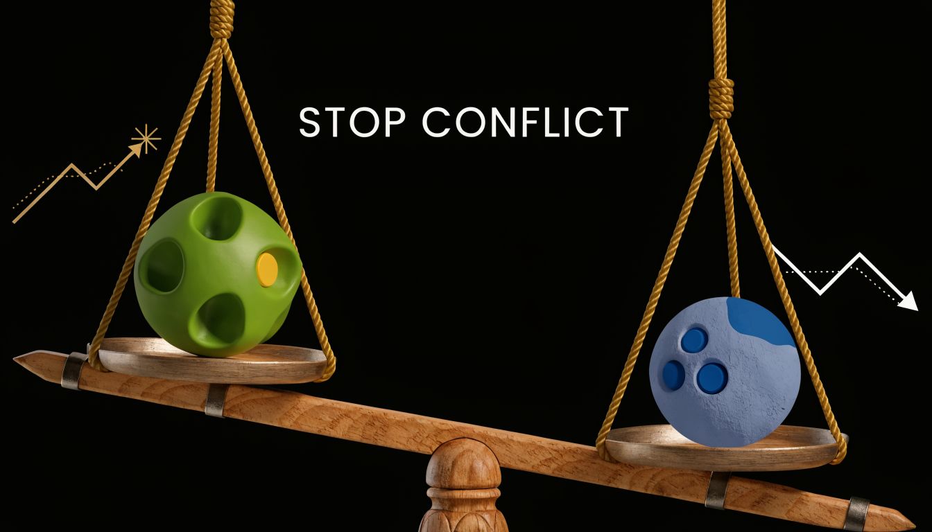 A conceptual image showing a balance scale with a green sphere and a blue bowling ball.