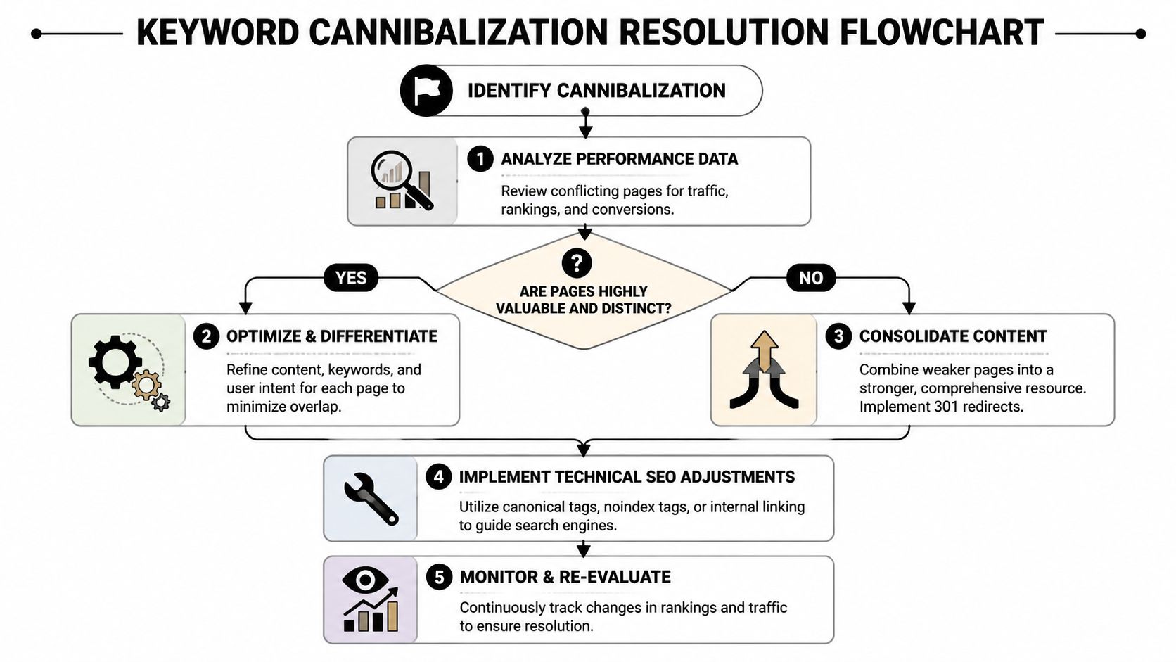 A flowchart showing the step-by-step process for resolving keyword cannibalization through analysis, optimization, and content consolidation strategies.