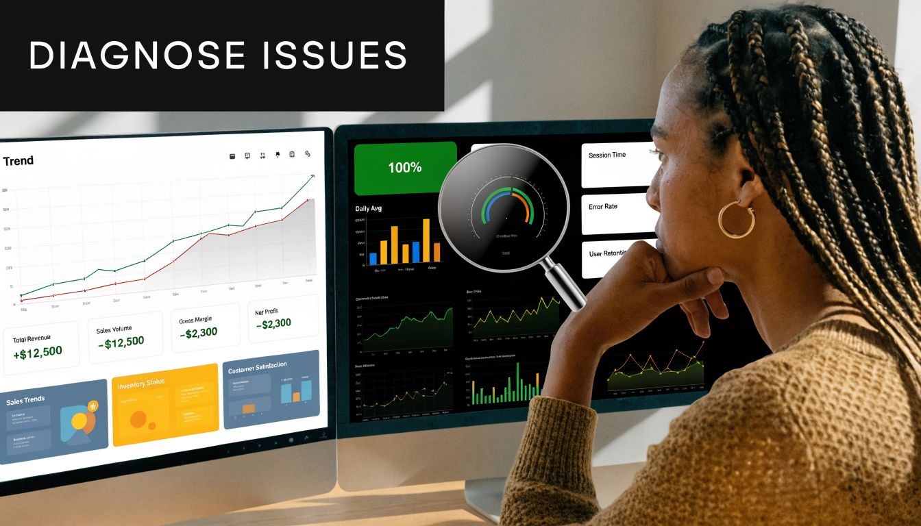 A professional analyzing business performance data and financial metrics on dual computer monitors in an office.