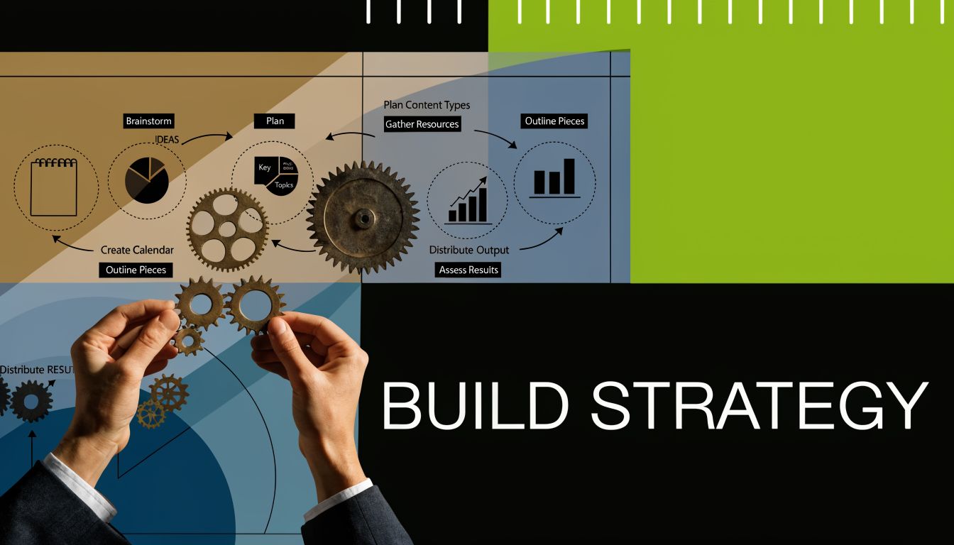 A conceptual image showing hands connecting gears representing a strategic business planning process for content creation.
