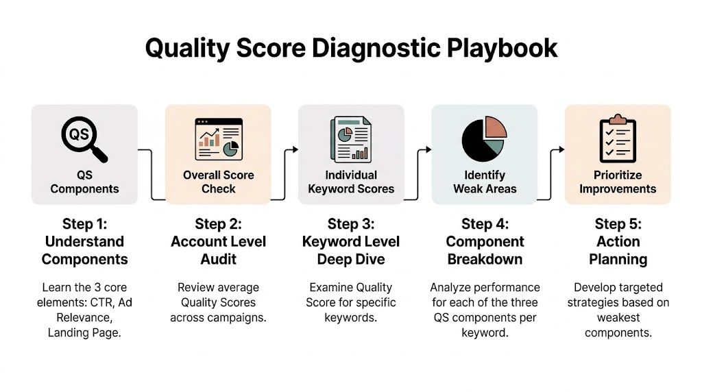 A five-step diagnostic playbook for improving Google Ads Quality Score shown as a flowchart.