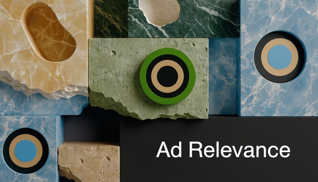 Abstract 3D composition with colorful marble blocks and target symbols alongside the text Ad Relevance.