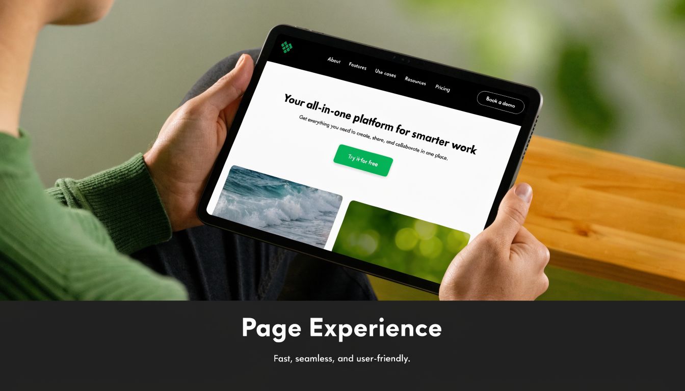 A person holding a tablet displaying a website landing page about smarter work productivity software.