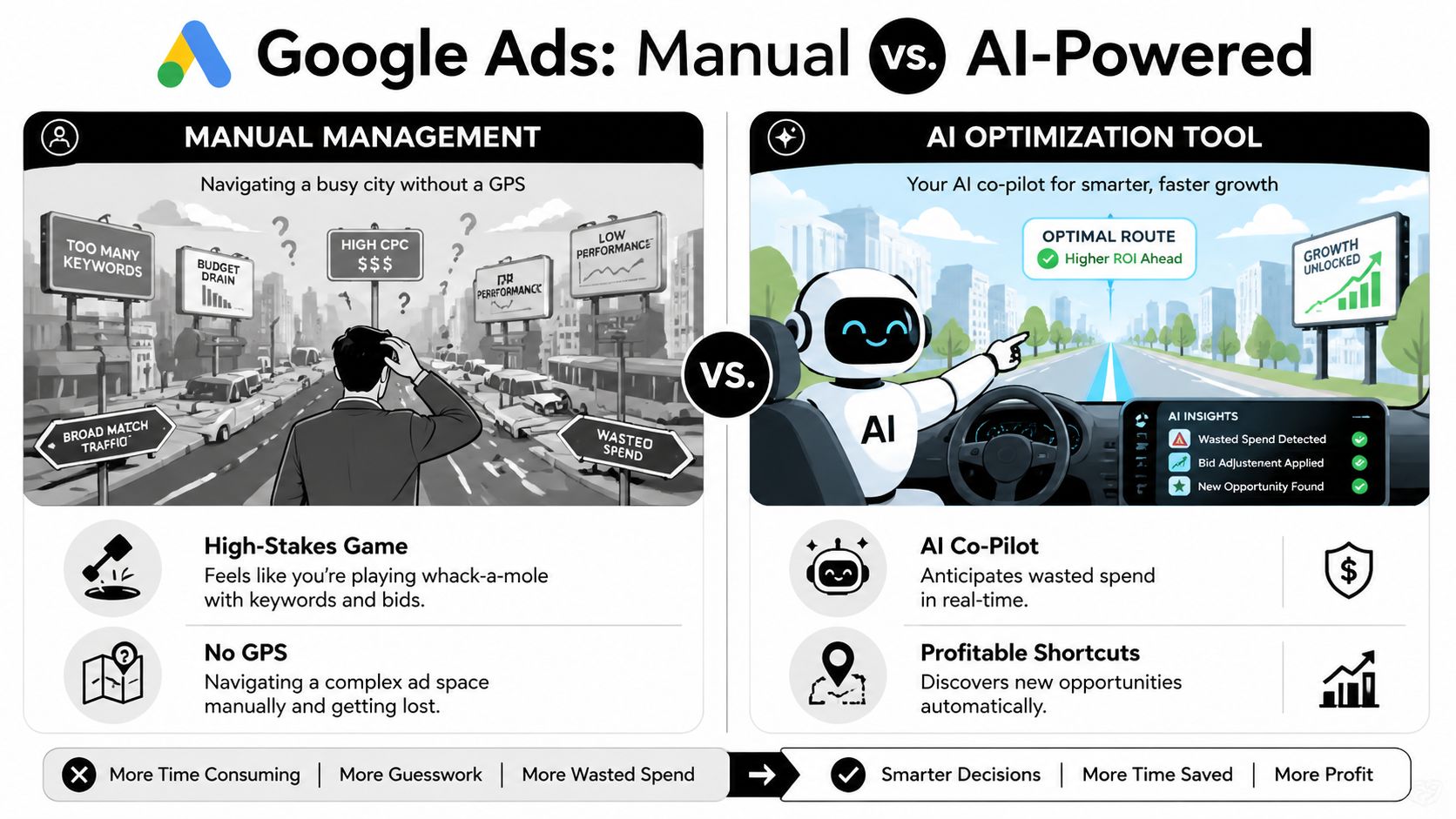 A comparative illustration showing manual Google Ads management versus AI-powered optimization for better marketing results.