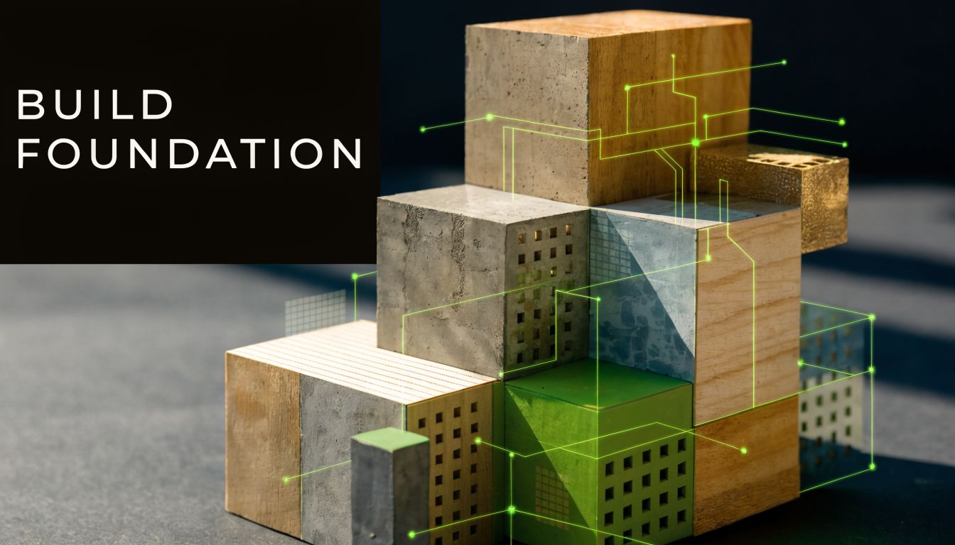 A conceptual image showing stacked concrete and wooden blocks interconnected by glowing green digital network lines.
