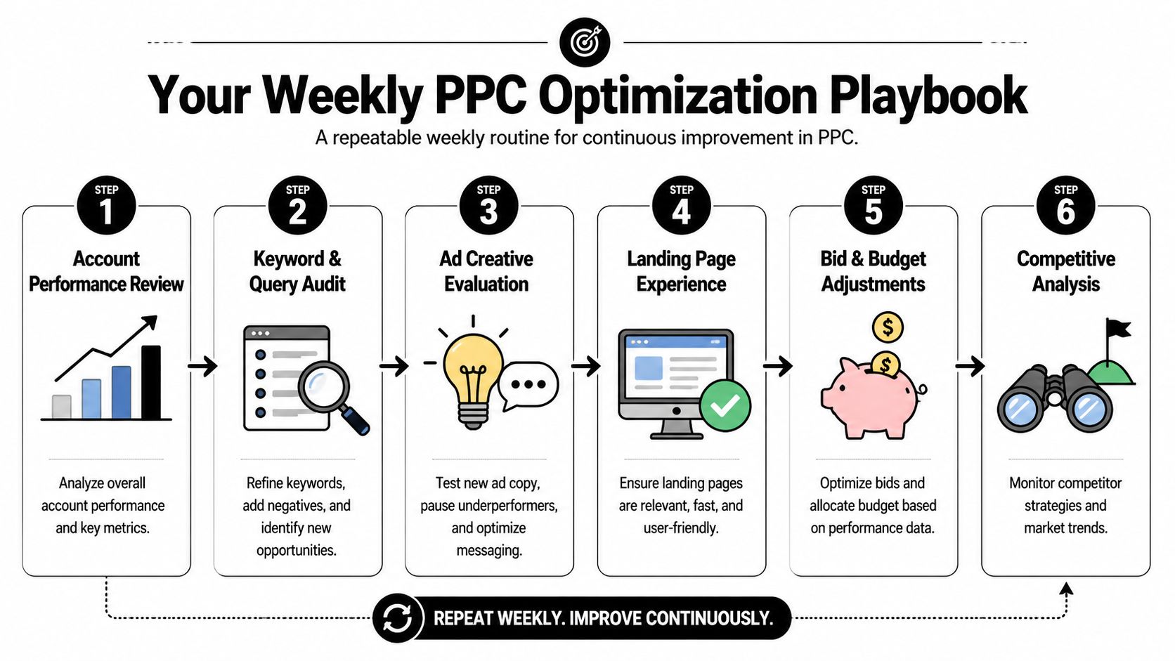 A flowchart infographic outlining a six-step weekly process for optimizing pay-per-click advertising campaigns.
