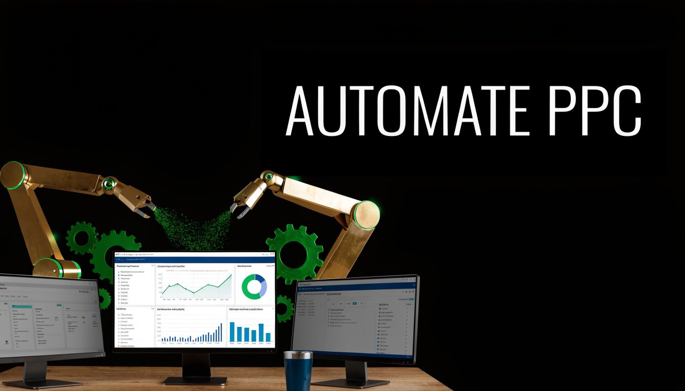Robotic arms working on digital data visualizations on computer monitors to automate pay per click marketing