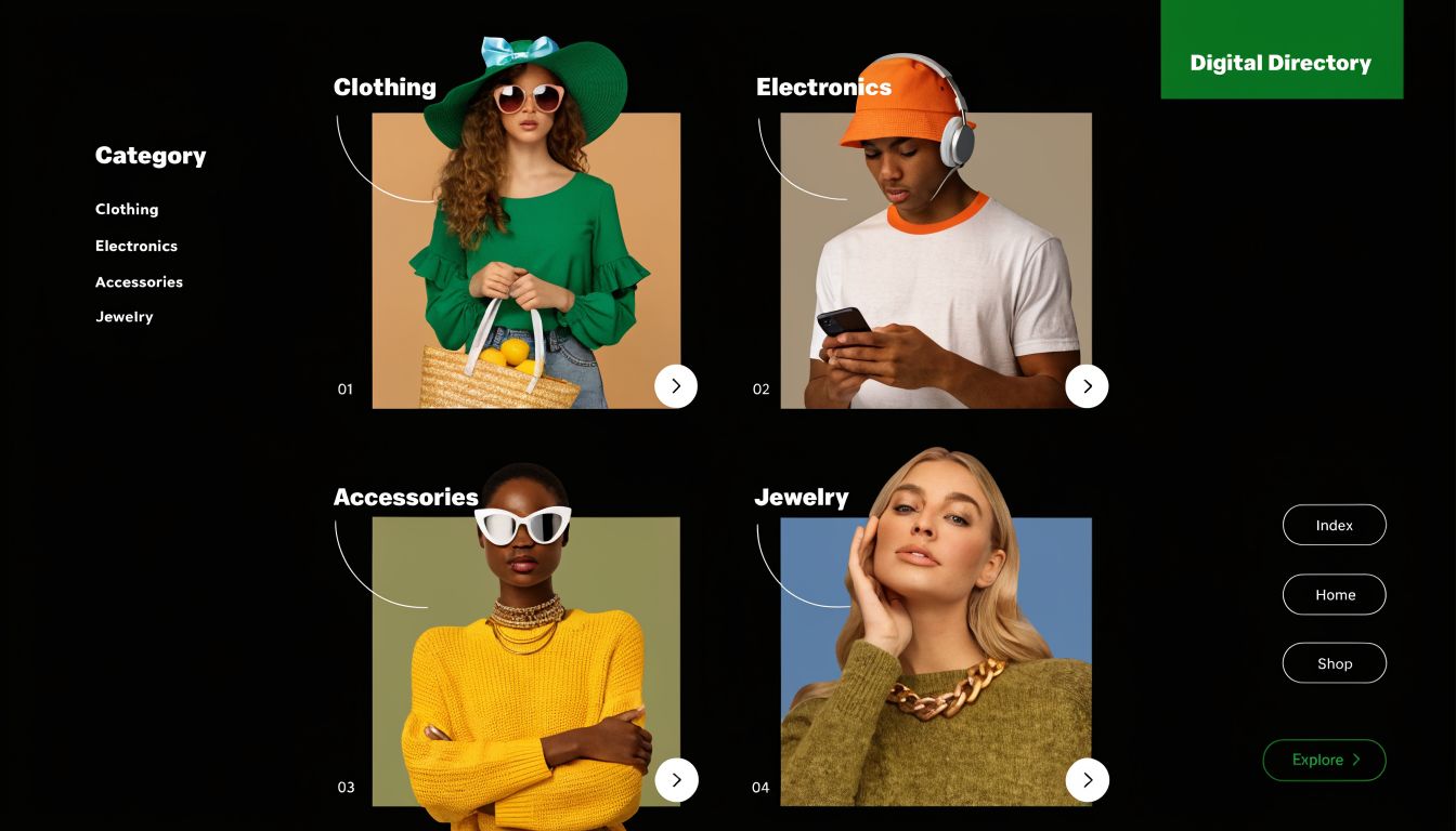 A digital directory displaying four product categories: clothing, electronics, accessories, and jewelry with stylish model photography.
