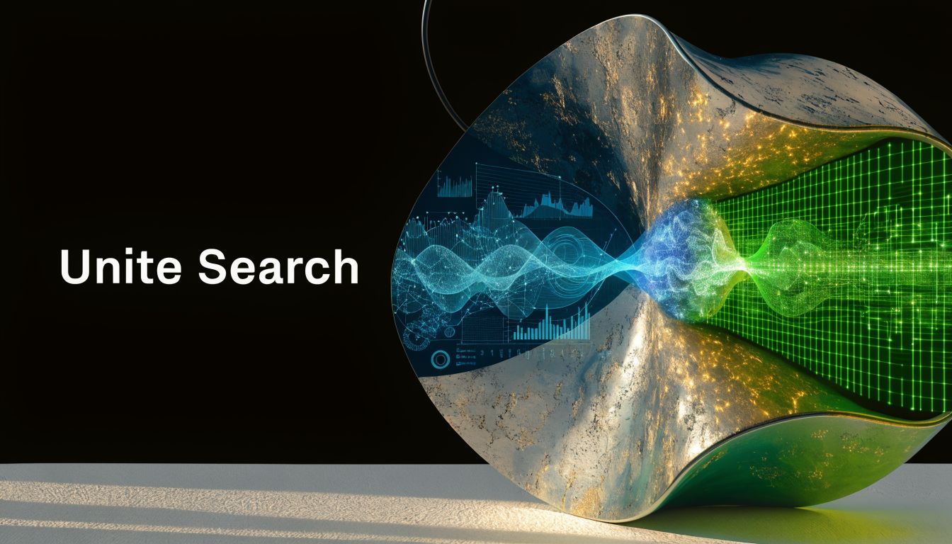 A conceptual 3D render representing data integration featuring glowing digital waves and structured search analysis visualizations.