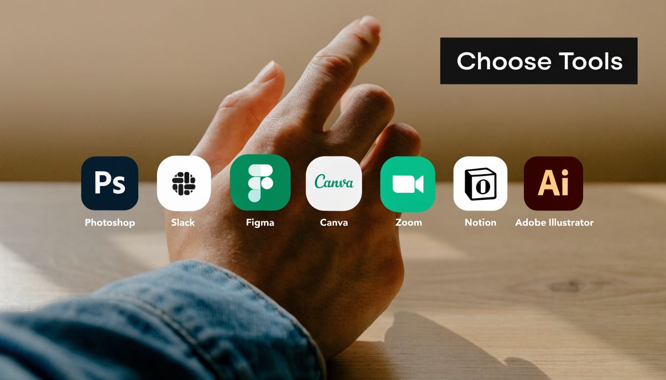 A hand reaching towards a digital interface displaying various popular professional design and collaboration software icons.