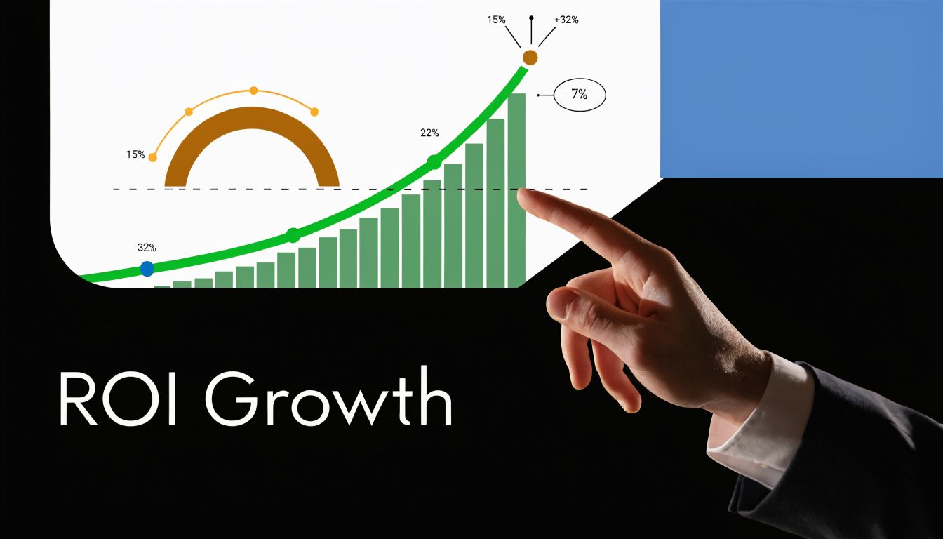 A professional hand pointing at an upward trending graph showing business ROI growth and data visualization.