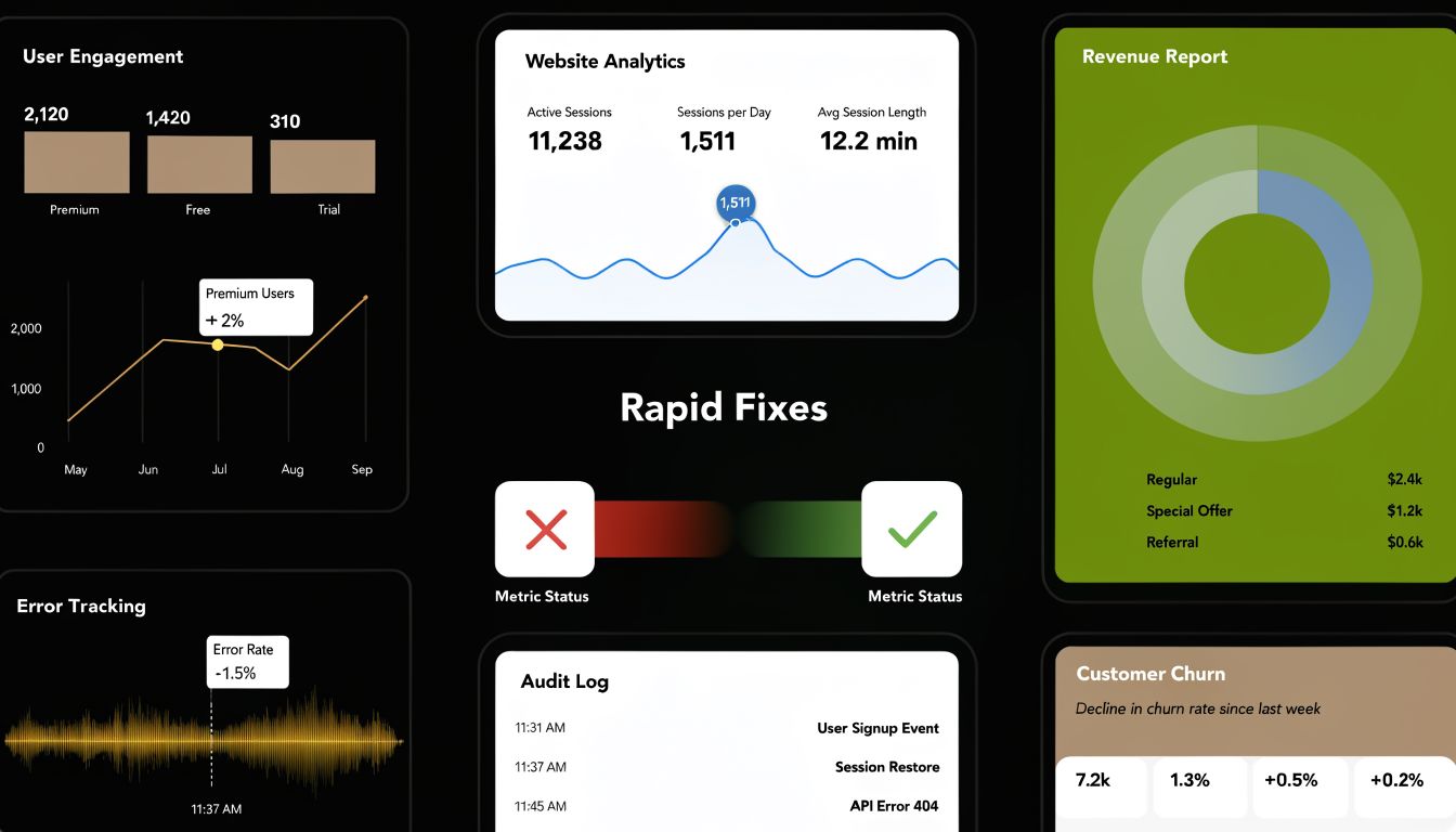 A digital analytics dashboard displays metrics on user engagement, website traffic, error tracking, and revenue reports.