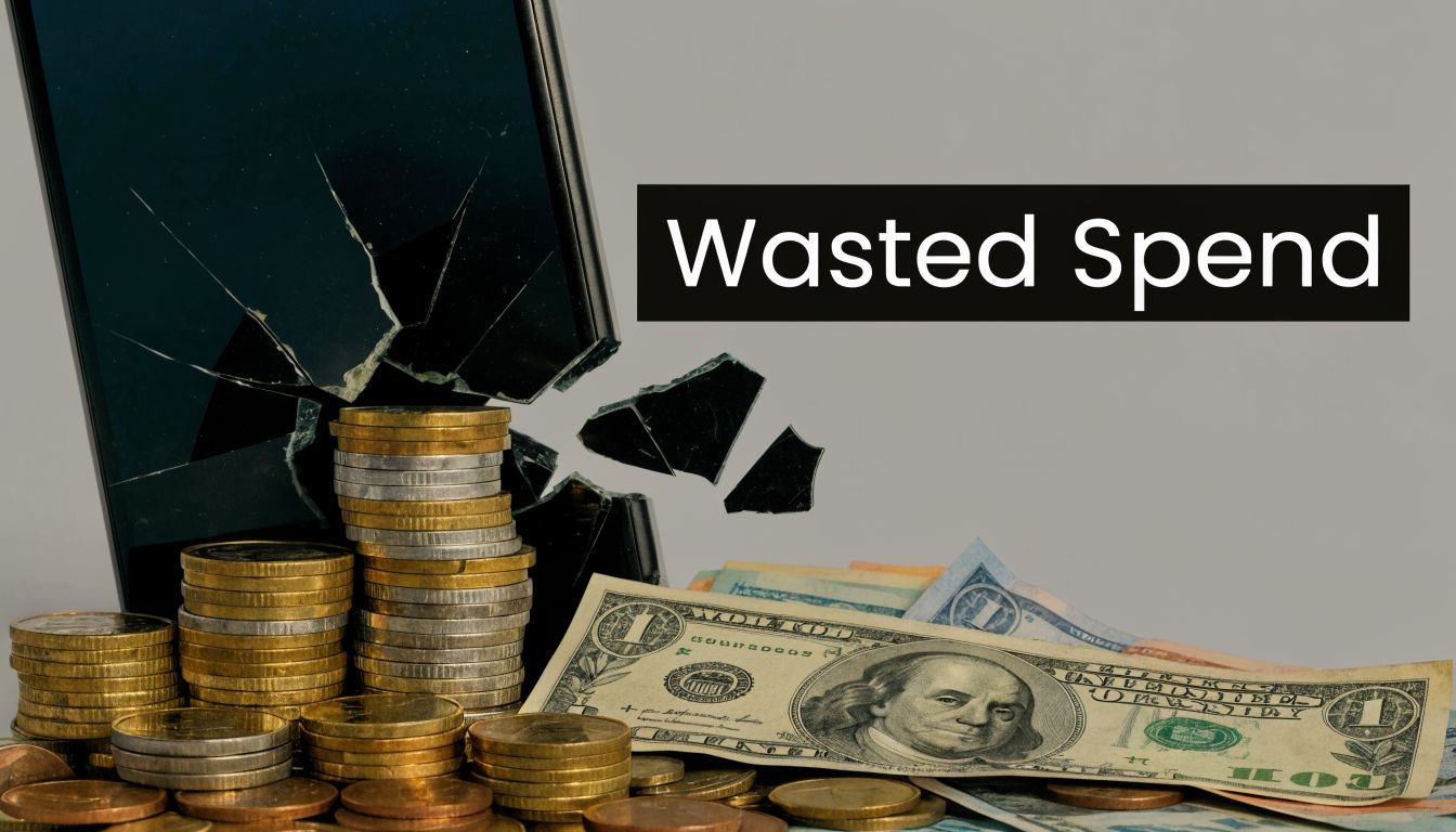 A stack of coins and dollar bills placed in front of a shattered smartphone screen representing wasted spend.