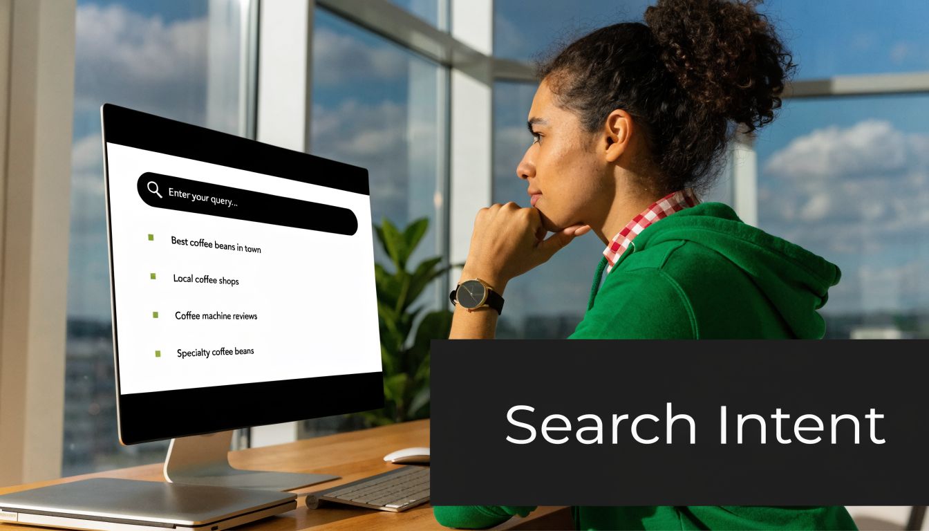 A woman looks at a computer screen displaying a search query bar with suggestions related to coffee.