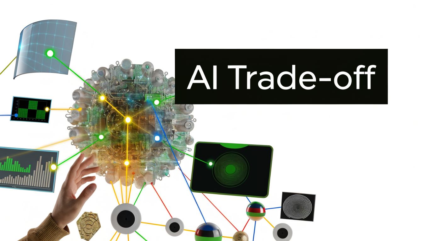 A conceptual illustration representing an AI trade-off with digital interfaces, interconnected nodes, and a human hand.