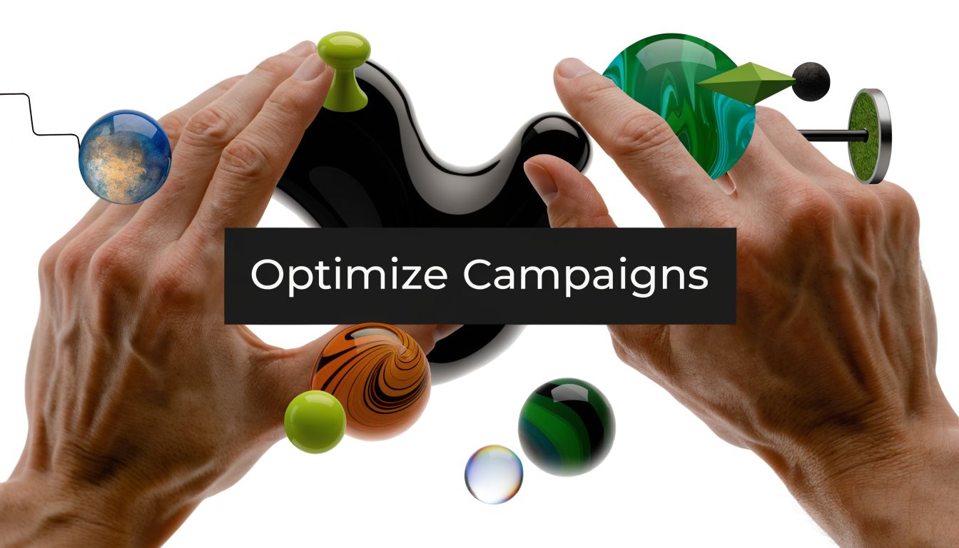 A person's hands arranged around abstract digital spheres and a dark liquid shape with the text Optimize Campaigns.