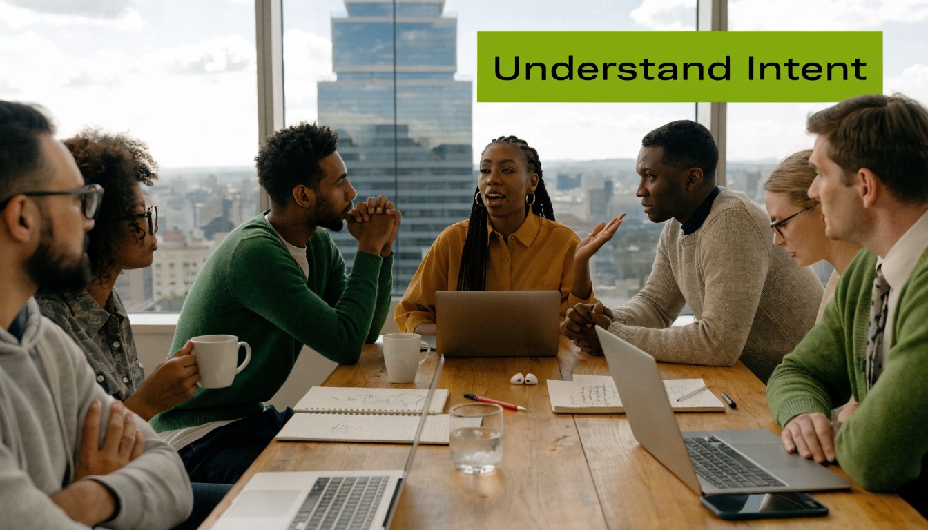 A diverse group of professional colleagues collaborating around a wooden table during a corporate business meeting.