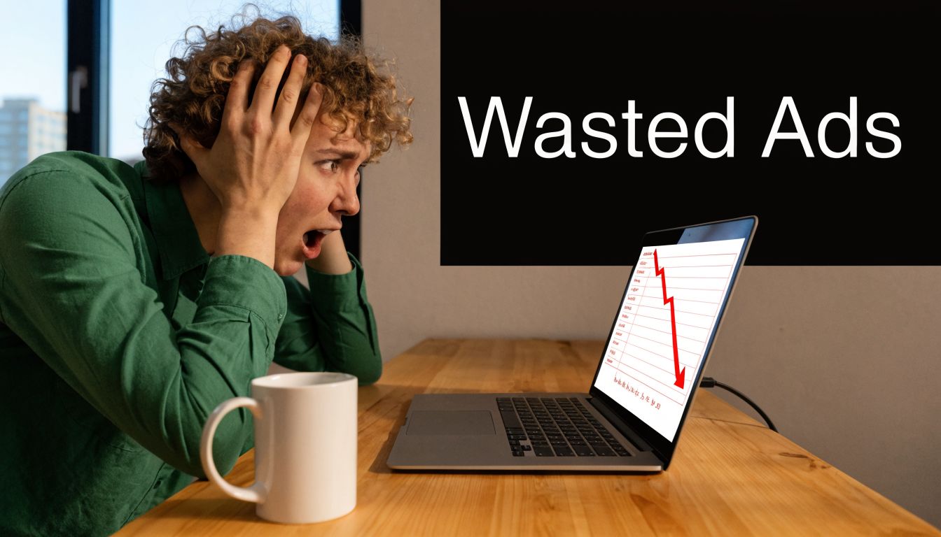 A person looking stressed at a laptop screen showing a declining graph representing poor ad performance.