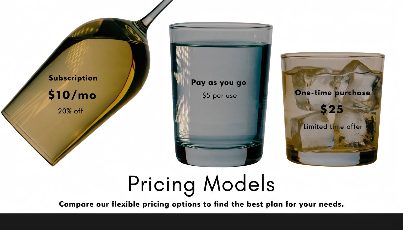 Three glass containers representing different pricing models including subscription, pay as you go, and one-time purchase.