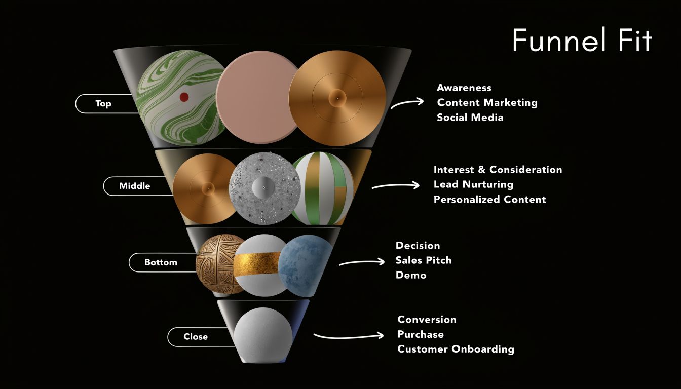 A funnel diagram illustrating the marketing funnel stages from awareness and interest to decision and conversion.