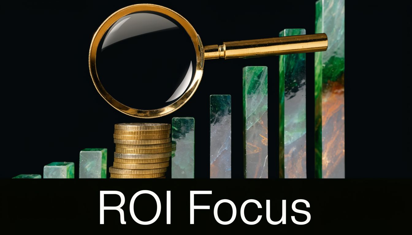 A magnifying glass positioned over a stack of gold coins and increasing green bar chart segments.