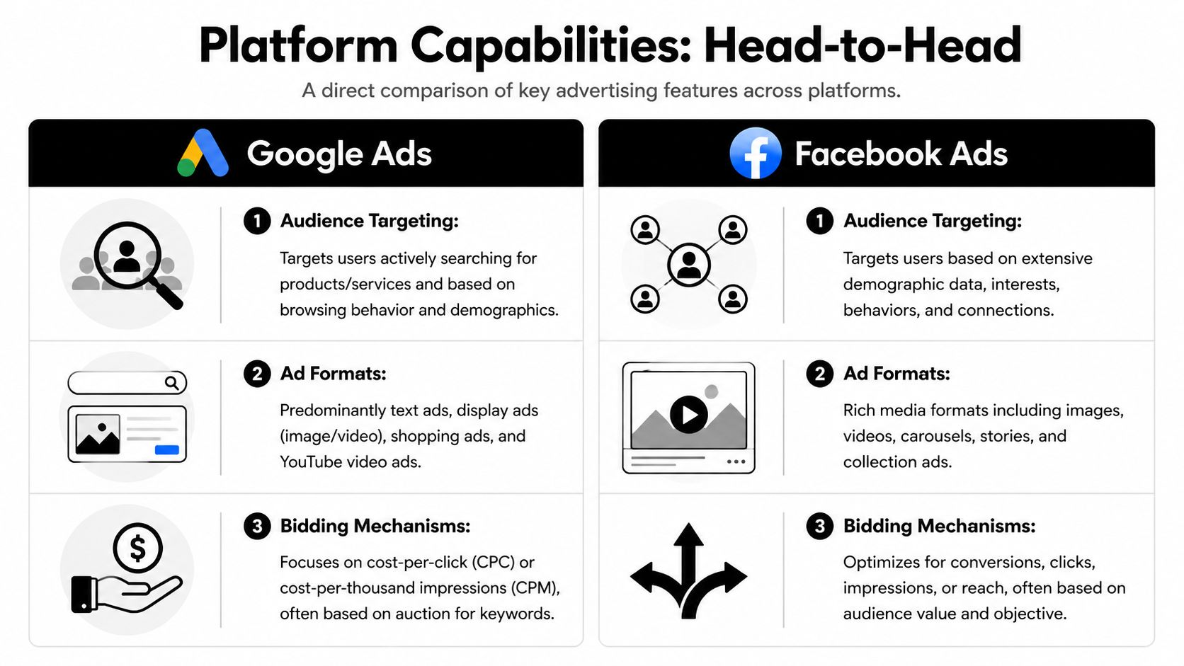 A comparison infographic detailing key advertising platform capabilities for Google Ads and Facebook Ads side by side.