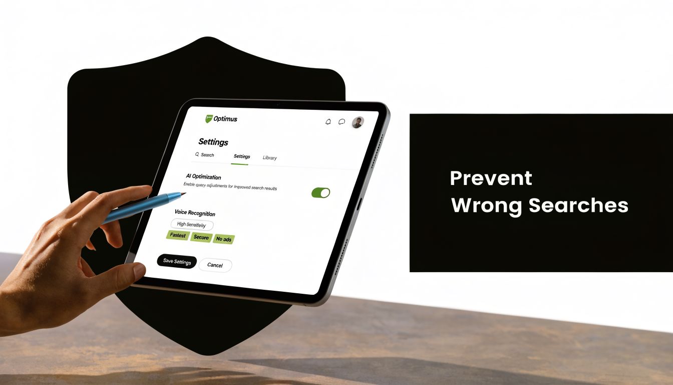 A hand using a digital pen on a tablet showing Optimus app settings to prevent wrong searches.