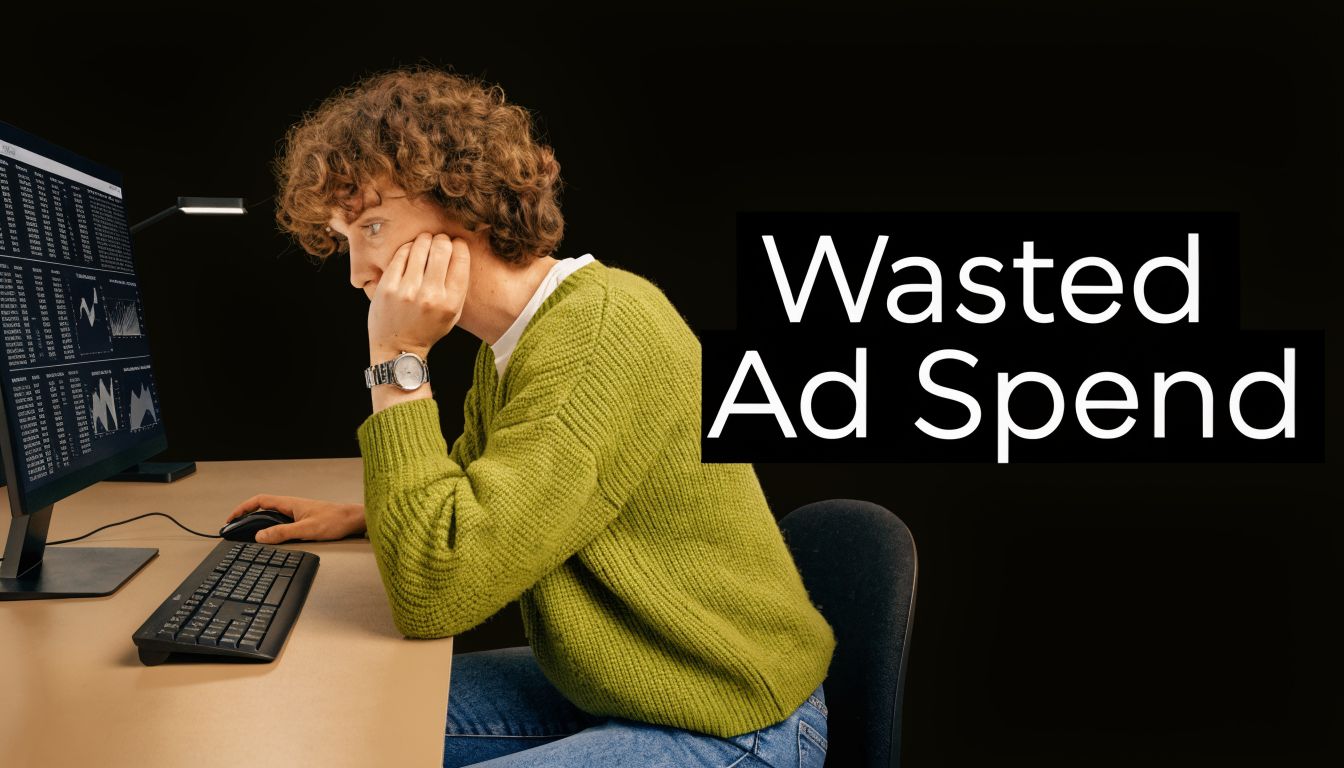 A person looking frustrated at computer screens filled with data analytics, representing wasted advertising budget issues.