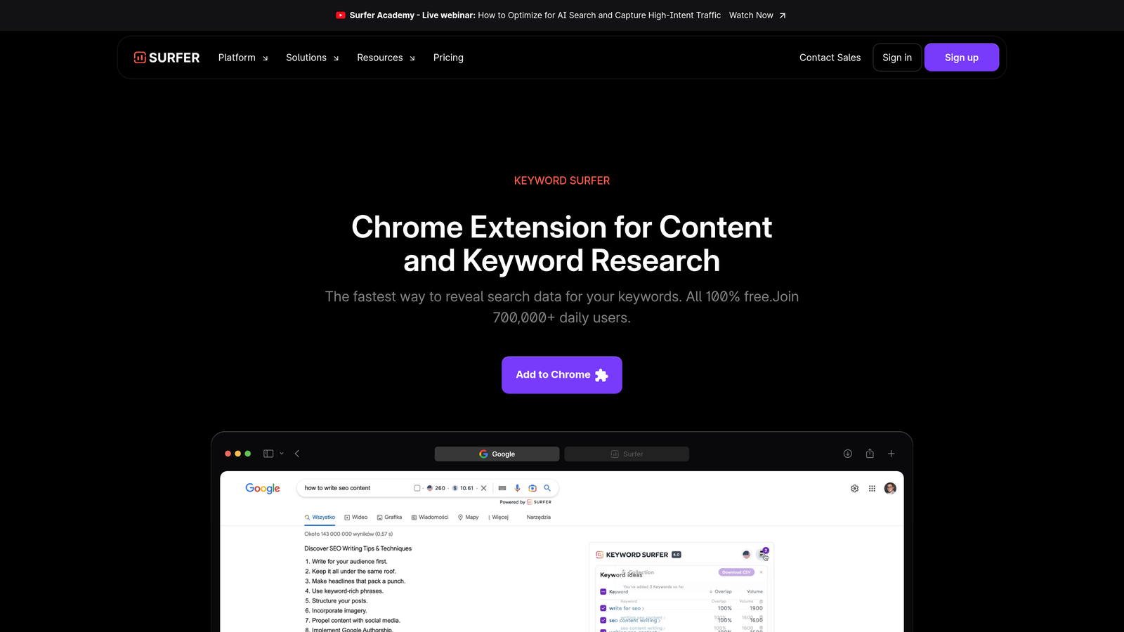 Screenshot of Keyword Surfer website