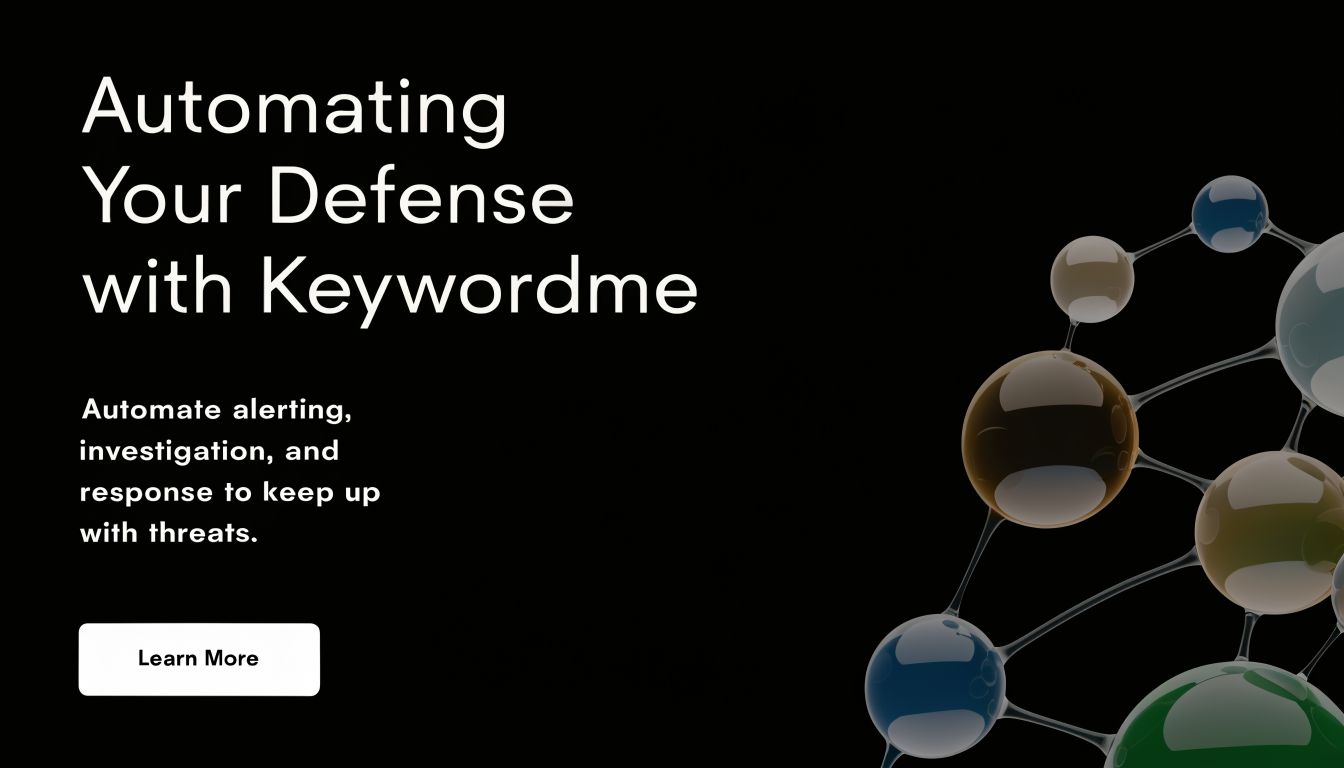 A digital graphic promoting Keywordme, featuring text about automating defense with abstract molecular network visuals.