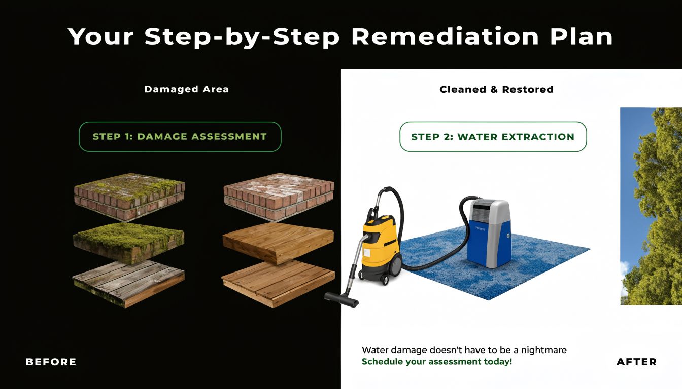 A visual guide showing steps for professional water damage assessment and restoration for home floors.