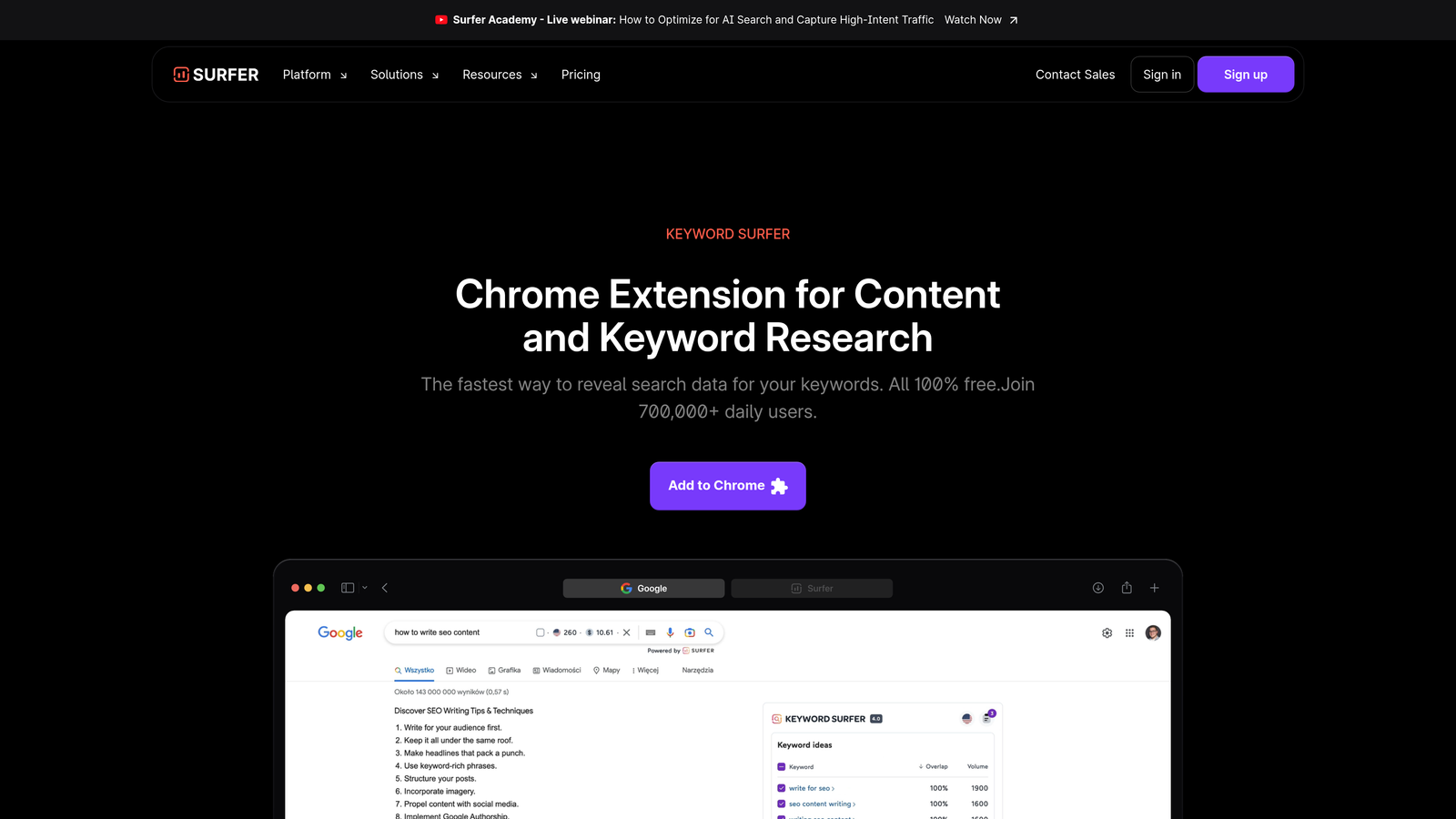 Screenshot of Keyword Surfer website