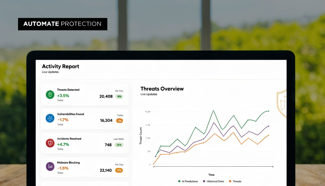 A digital laptop screen displaying a cybersecurity activity dashboard with live updates, threat counts, and performance metrics.