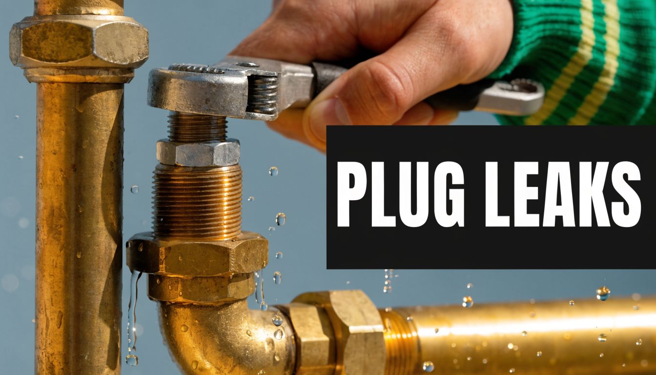 A hand using a wrench to repair a leaking brass pipe joint with water drops spraying out.