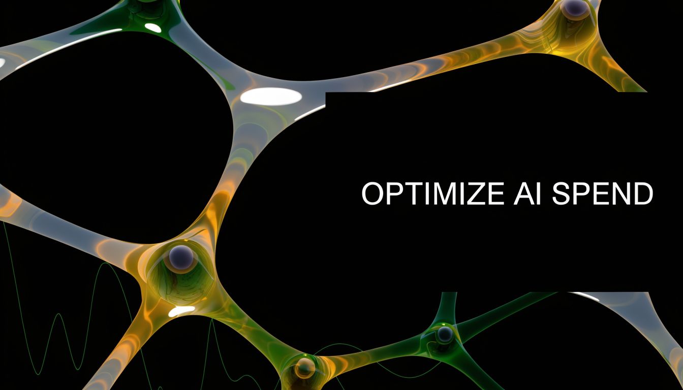 A 3D abstract visualization of a connected network nodes over a black background with text reading OPTIMIZE AI SPEND.
