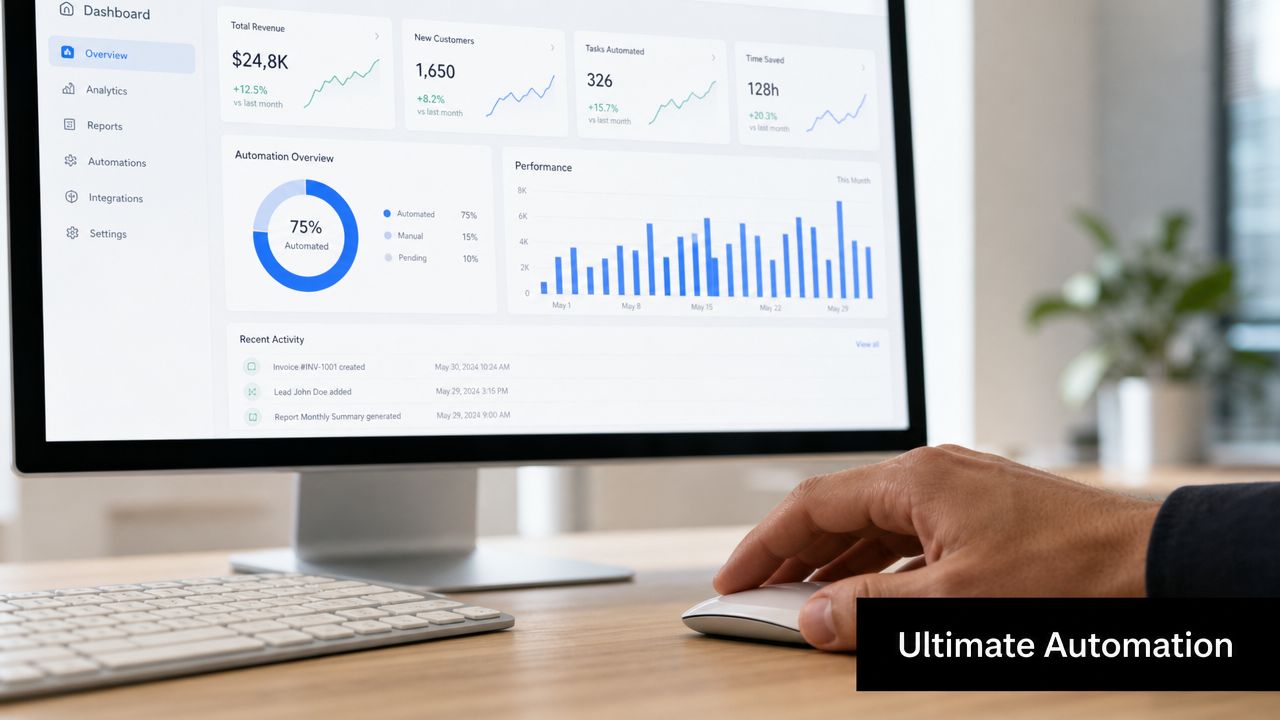 A professional desk view showing a dashboard screen with automation data analysis and a hand using a mouse.