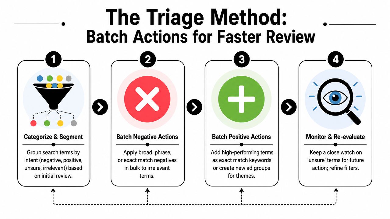 A four-step infographic illustrating the triage method for batch processing search terms in Google Ads.